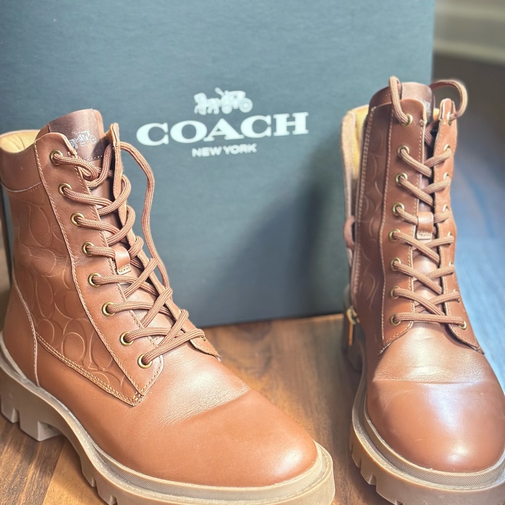 Coach Tan Leather Lace-Up Boots